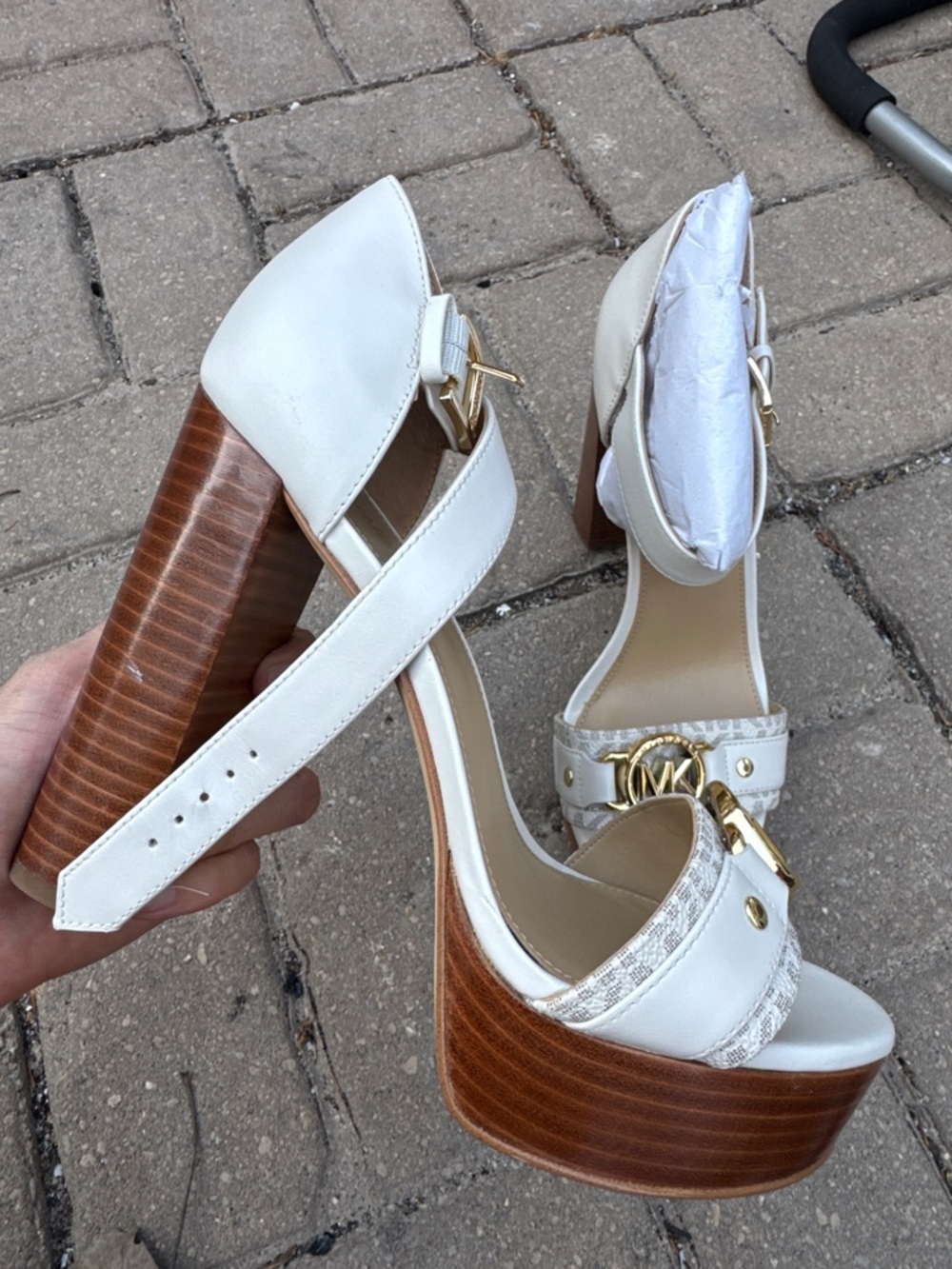 Michael Kors White Leather Platform Heeled Sandals with Gold MK Accent